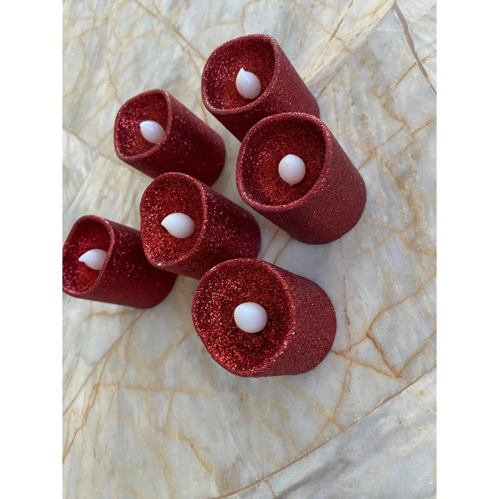 Set of 6 Red Glitter Flameless LED Tea Light Candles Battery Operated Festive